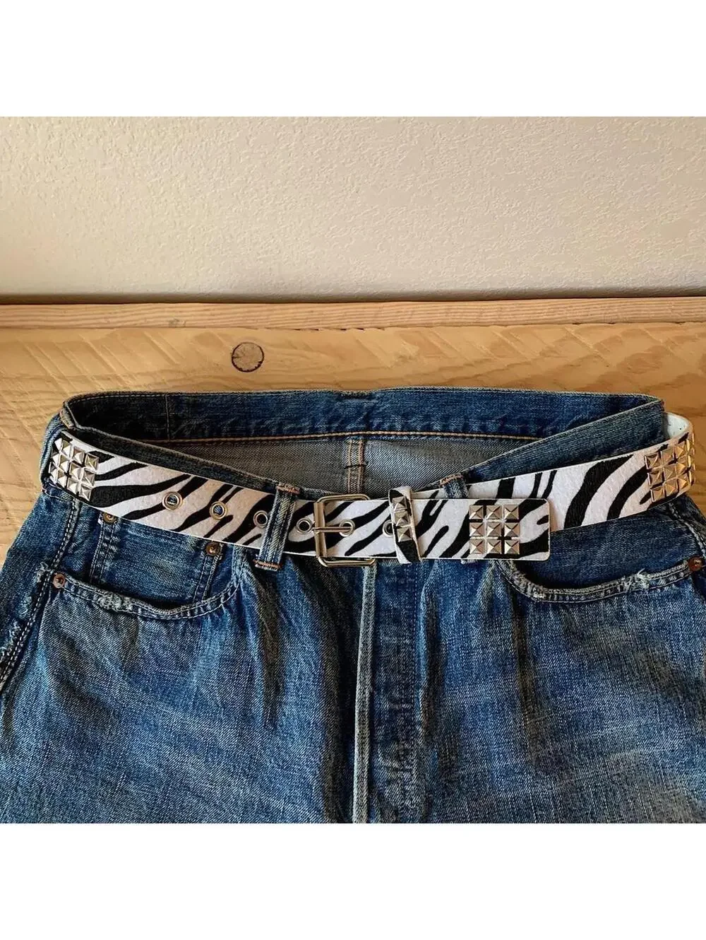 Y2k cyber 2000s style Zebra white fur studded silver belt. 42 inches